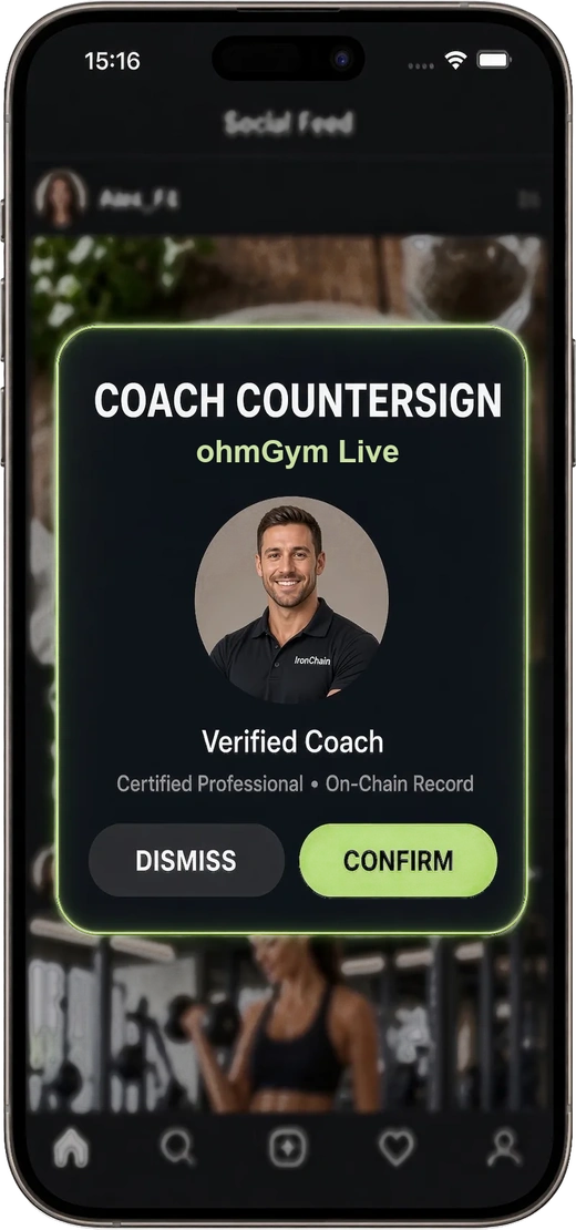 Coach countersign prompt: a verified coach confirms the session they just witnessed