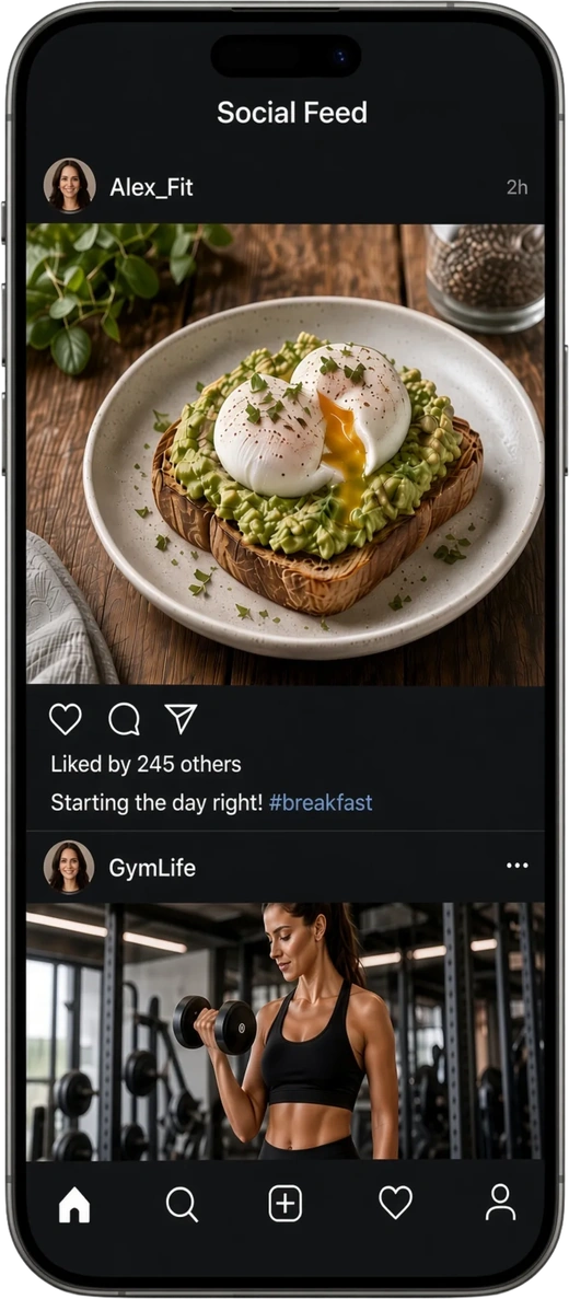 ohmGym social feed: a member's breakfast post liked by 245 others, then a training post from the gym